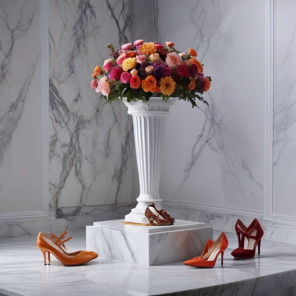A luxurious display of high-fashion footwear arranged artfully on a vintage marble pedestal, with dramatic spotlighting that highlights intricate details and textures of the shoes. The background features a softly blurred runway with elegant models in chic outfits, embodying the essence of style and sophistication. Add a touch of artful floral accents, symbolizing beauty and grace. super-realistic. vibrant colors. elegant ambiance.